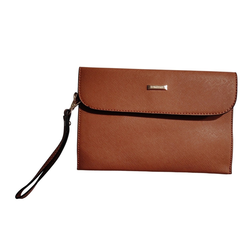 ELIM&PAUL Cognac Brown Saffiano Faux Leather‎ Wristlet Clutch Bag Snap Closure